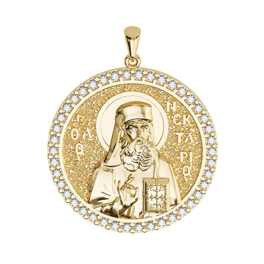 Saint Nectarios of Aegina Sculpted Pavé Round Medal