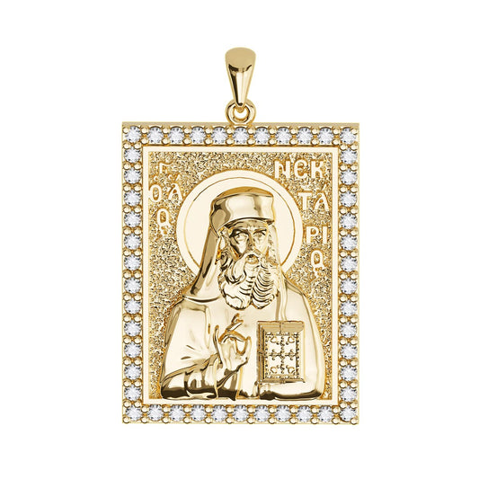 Saint Nectarios of Aegina Sculpted Pavé Tag Medal