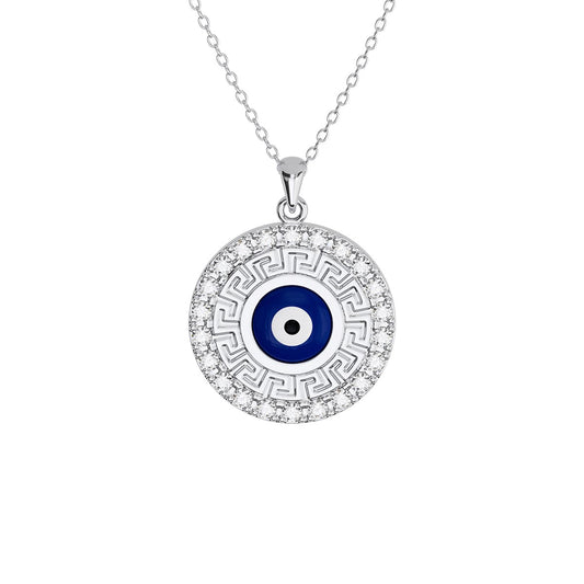 Evil Eye Greek Key Pavé Round Necklace