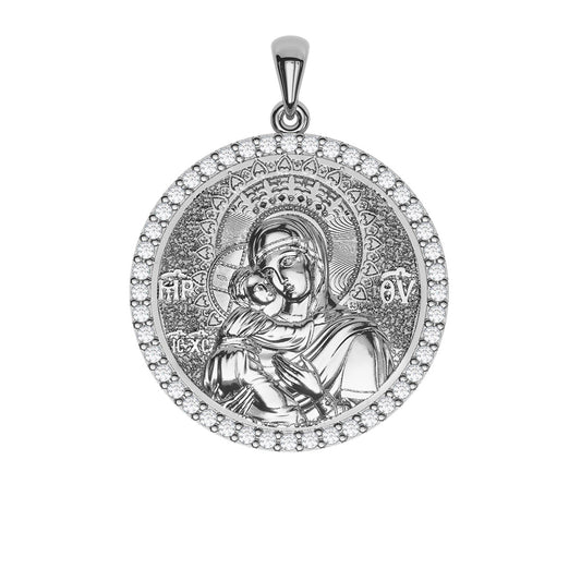 Virgin Mary Panagia Theotokos Sculpted Pavé Round Medal