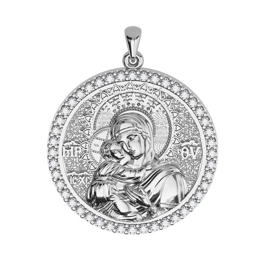 Virgin Mary Panagia Theotokos Sculpted Pavé Round Medal